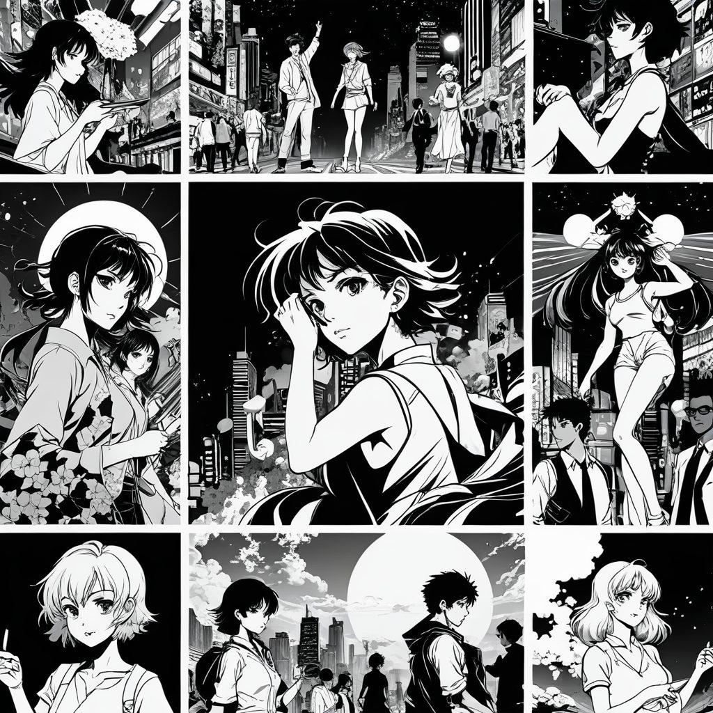 A dynamic collage blending classic manga panels transitioning into vibrant animated scenes, showcasing iconic adult content figures in a tasteful manner. Include elements like colorful sound effects, motion lines, and ethereal backgrounds, capturing the evolution from static to dynamic storytelling. Highlight a character in mid-action to exemplify movement and change. Incorporate a retro aesthetic on one side fading into modern digital art style on the other. vivid colors. 3D elements.