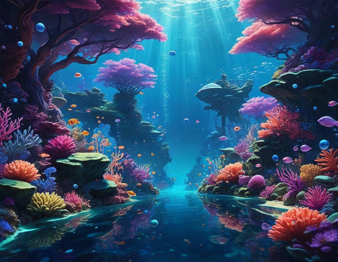 A vibrant, artistic representation of an anime-inspired underwater world, featuring various colorful characters engaging in playful, romantic scenes, surrounded by intricate coral reefs and ethereal bubbles. The setting should evoke a sense of adventure and allure, with a dynamic color palette blending blues, pinks, and purples. Incorporate elements of whimsical fantasy to emphasize the imagination behind adult animation. fantasy art. vibrant colors. 3D.